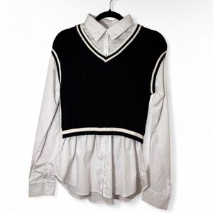 Black and White Sweater Vest with White Button up